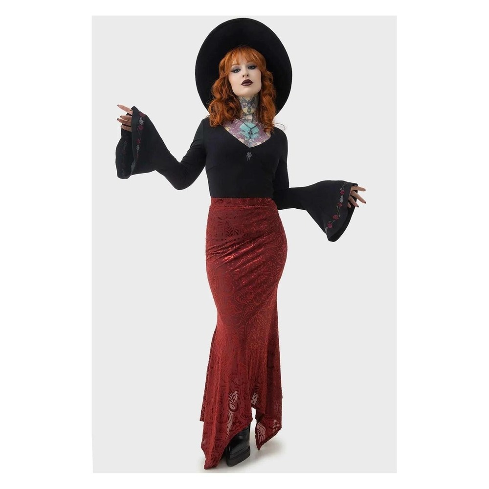 Killstar lepidoptera maxi skirt burgundy red velvet‎ burnout